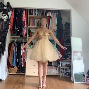 Golden strapless homecoming/prom dress
